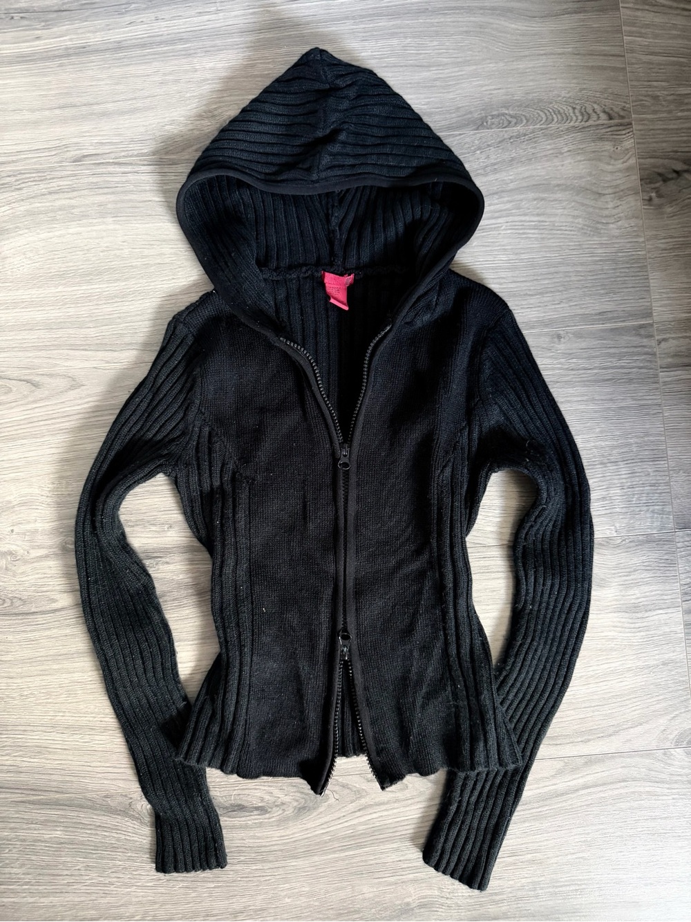 Vintage Forever 21 Black Hooded Rib-Knit Zip Sweater